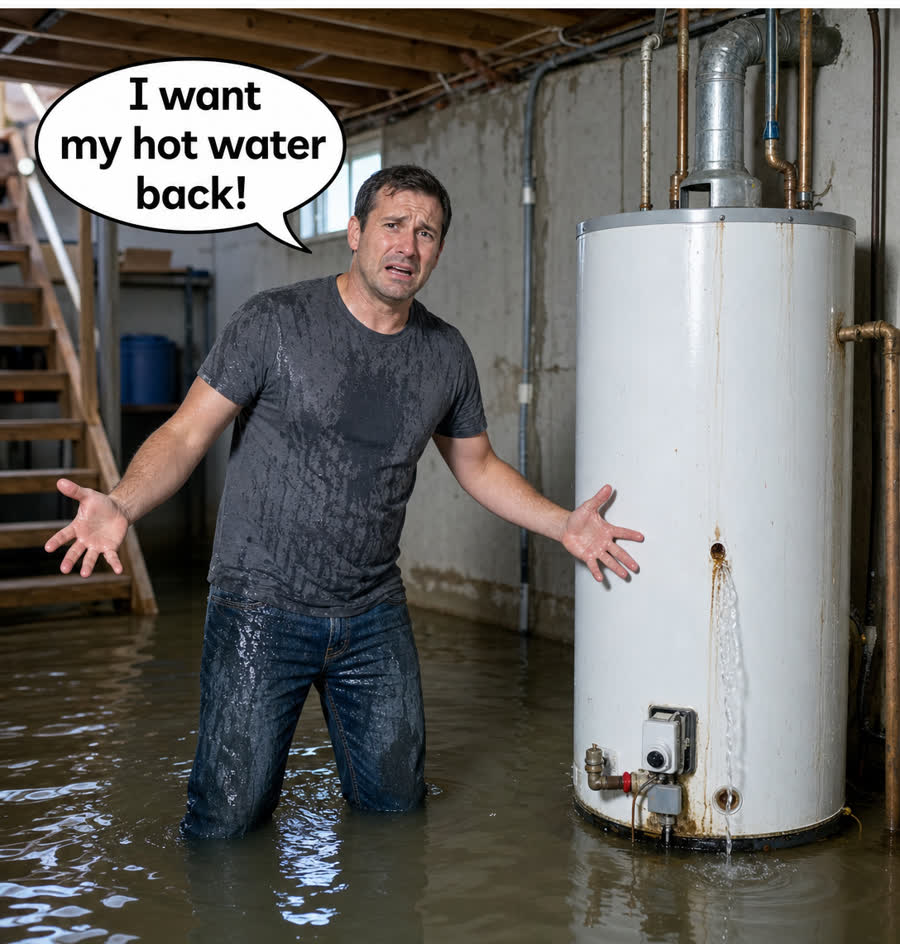 A technician standing in basement flood water beside a water heater