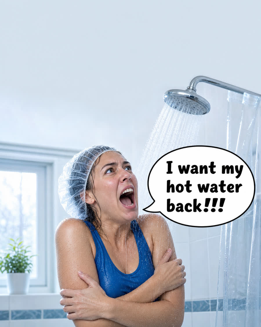 A woman in the shower saying she wants her hot water back